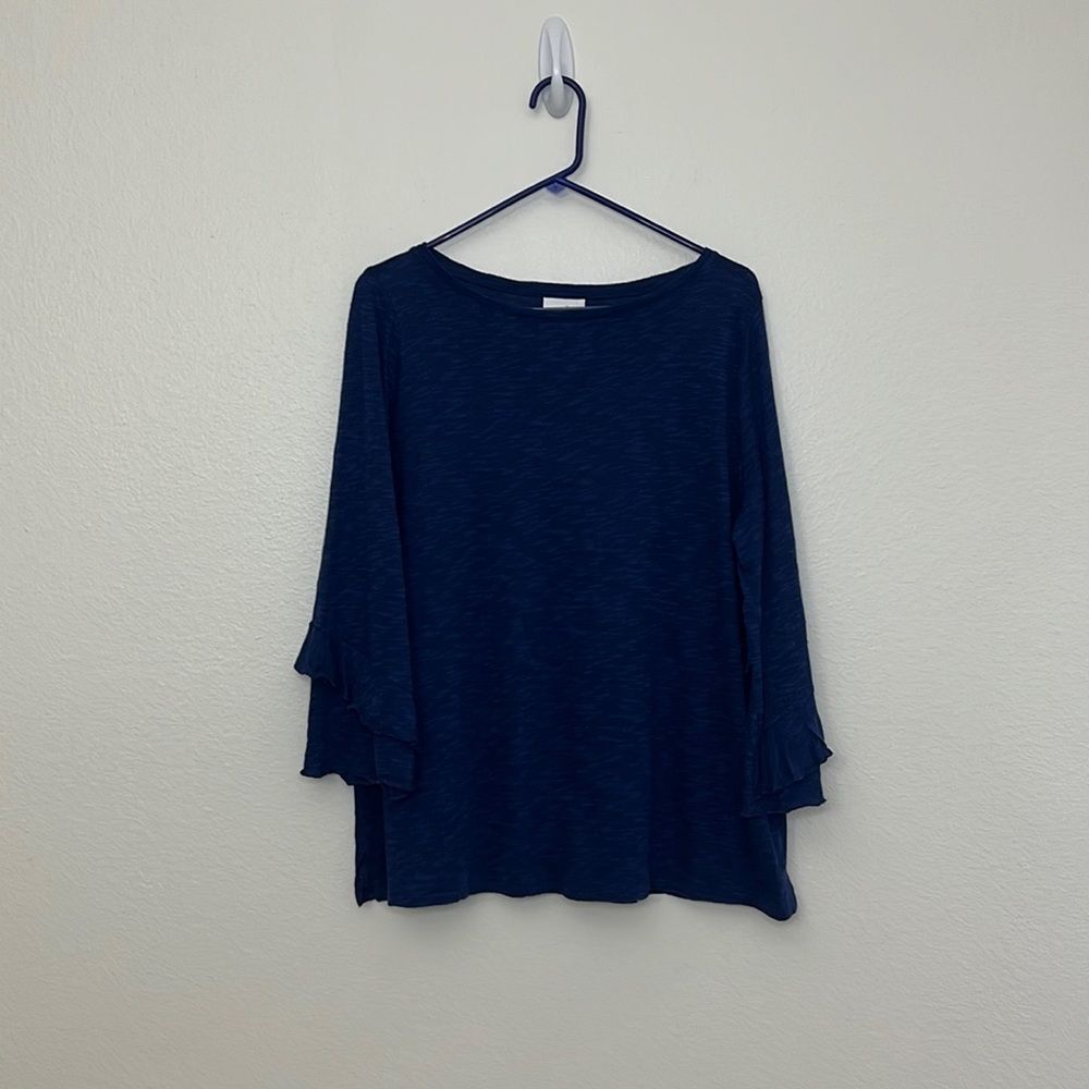 J Jill Ruffle Sleeve Top Linen Cotton Blend Blue Sz Large
